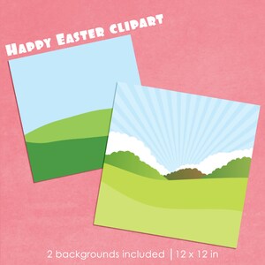 May include: Two square digital art backgrounds with a pink background. One background features a blue sky and green hills. The other has a blue sky with sun rays and green hills. Text reads "HAPPY EASTER CLIPART".