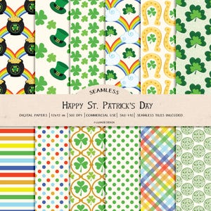 Seamless St. Patrick's Day digital paper,Paddy,Irish horseshoe, shamrock, clover, Irish rainbow, clover,lucky Irish, Celtic knot paper, P410 image 1