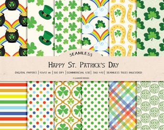 Seamless St. Patrick's Day digital paper,Paddy,Irish horseshoe, shamrock, clover, Irish rainbow, clover,lucky Irish, Celtic knot paper, P410