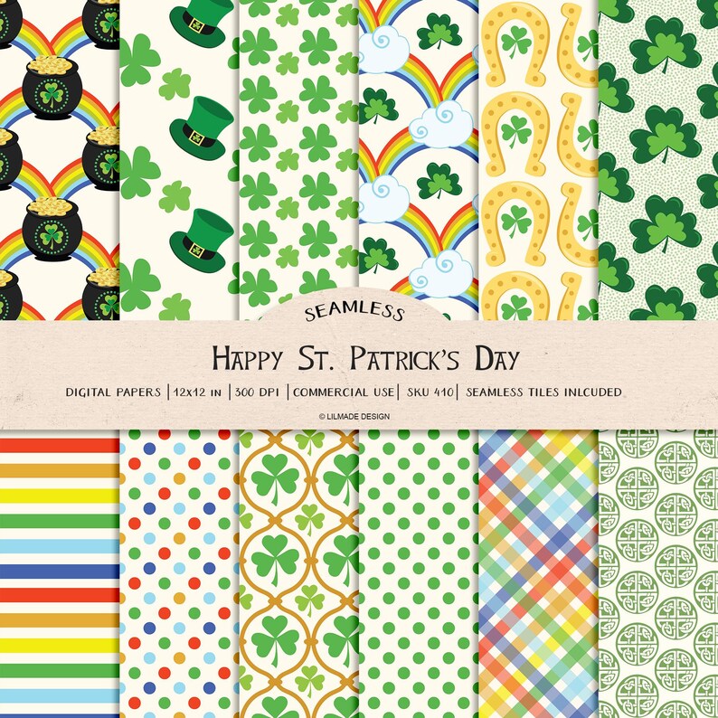Seamless St. Patrick's Day digital paper,Paddy,Irish horseshoe, shamrock, clover, Irish rainbow, clover,lucky Irish, Celtic knot paper, P410 image 1