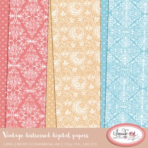 May include: Set of three digital paper designs featuring vintage distressed patterns. The patterns are in shades of pink, peach, and blue with white lace-like designs. The papers are 12 inches by 12 inches and are for commercial use.