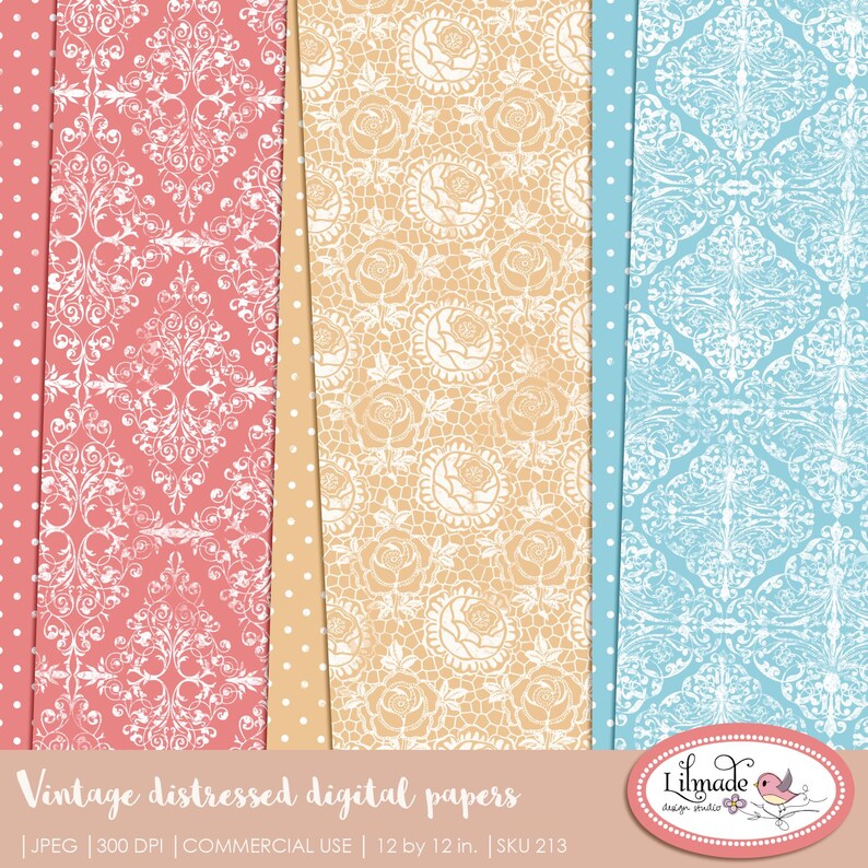 May include: Set of three digital paper designs featuring vintage distressed patterns. The patterns are in shades of pink, peach, and blue with white lace-like designs. The papers are 12 inches by 12 inches and are for commercial use.