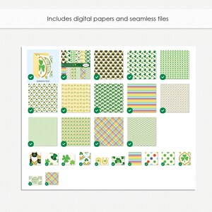May include: A collection of 18 digital papers and seamless tiles featuring a St. Patrick's Day theme. The designs include shamrocks, rainbows, gold coins, and other festive elements in green, yellow, and white.