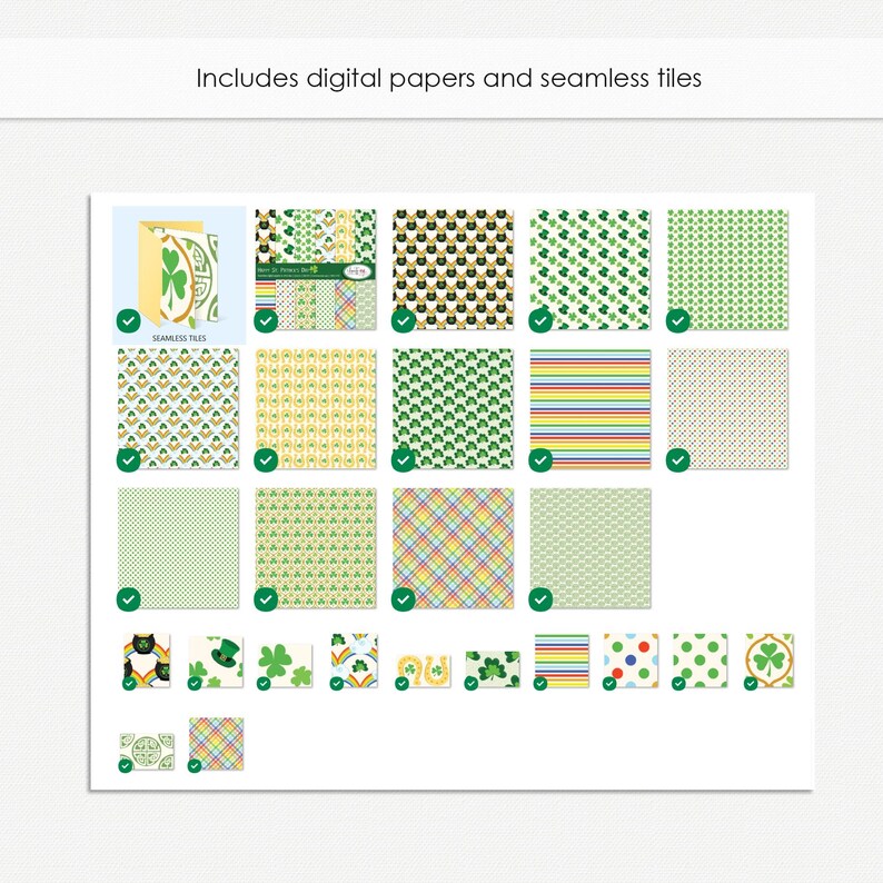 May include: A collection of 18 digital papers and seamless tiles featuring a St. Patrick's Day theme. The designs include shamrocks, rainbows, gold coins, and other festive elements in green, yellow, and white.