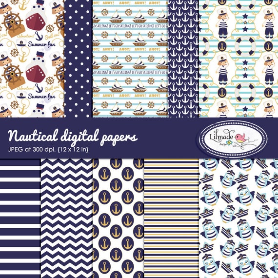 Nautical digital papers, nautical planner, sailor girl, sailing, blue red nautical, sailboat, coastal, nautical background, sailor kid, P438 Il_570xn
