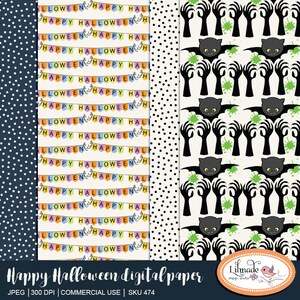 May include: A collection of Halloween-themed digital papers. Designs include polka dots, banners with "Happy Halloween" text, bats with hands, and a bat design with green splatters. The papers are in various colors.