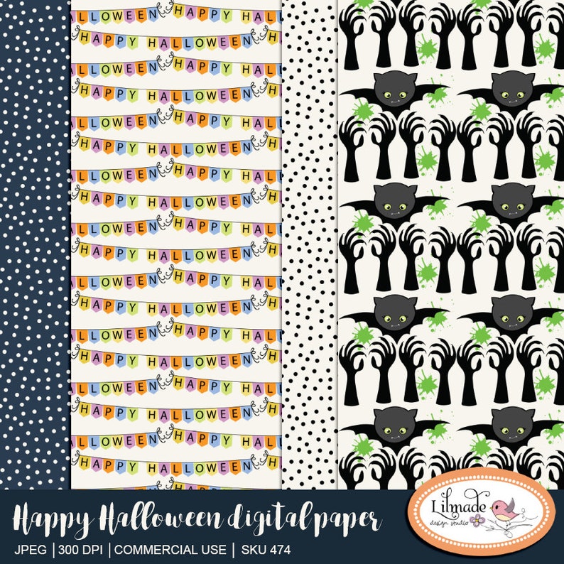 May include: A collection of Halloween-themed digital papers. Designs include polka dots, banners with "Happy Halloween" text, bats with hands, and a bat design with green splatters. The papers are in various colors.