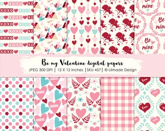 Valentine digital paper pack, Valentine scrapbook paper, patterned digital papers, Valentine patterns, DIY Valentine party, P457