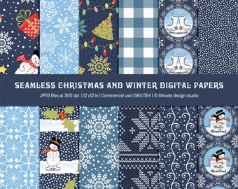 Christmas Digital Paper Bundle, Snowman, Buffalo Plaid, Festive Patterns (JPEG Files)