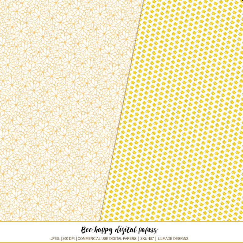 Puede incluir: Dos dise&ntilde;os de papel digital. Uno presenta un fondo crema con un patr&oacute;n repetido de contornos florales naranjas. El otro tiene un fondo blanco con un patr&oacute;n repetido de peque&ntilde;as flores amarillas. El texto en la parte inferior dice "Bee happy digital papers."
