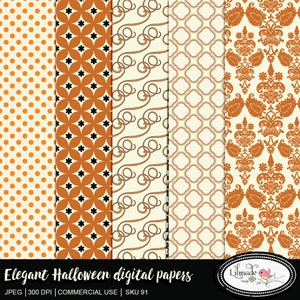 May include: Four digital paper designs featuring Halloween-themed patterns in orange, black, white, pink, and green. The patterns include polka dots, geometric shapes, swirls, and a damask design. The text "Elegant Halloween digital papers" is at the bottom of the image.