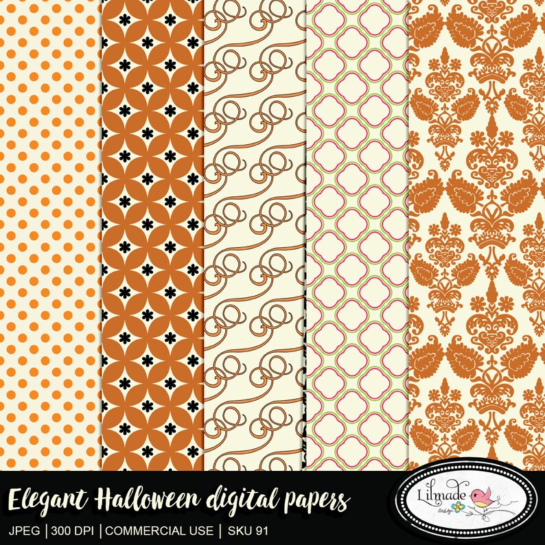 May include: Four digital paper designs featuring Halloween-themed patterns in orange, black, white, pink, and green. The patterns include polka dots, geometric shapes, swirls, and a damask design. The text "Elegant Halloween digital papers" is at the bottom of the image.