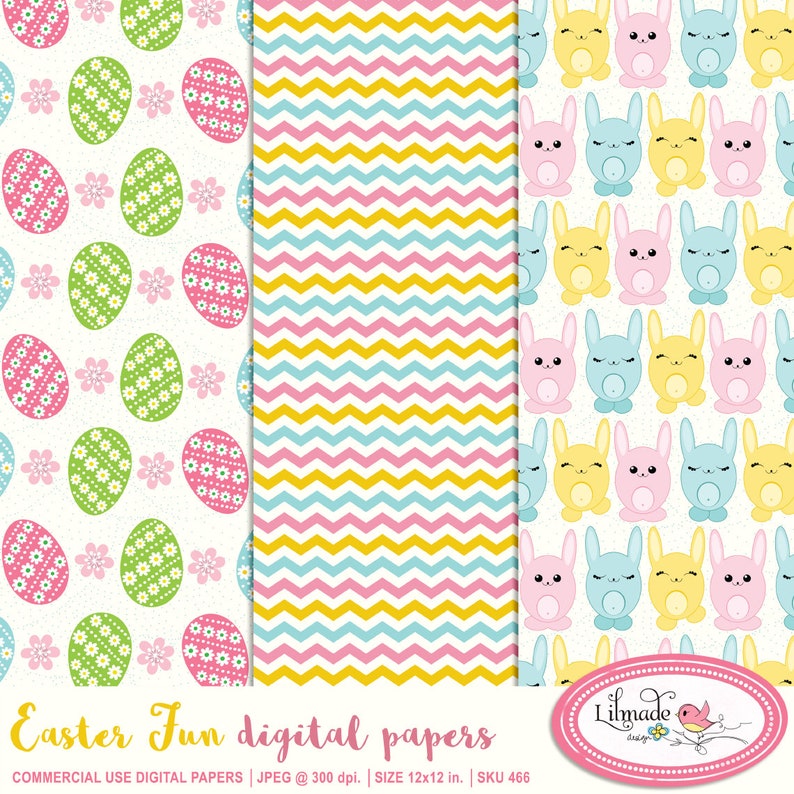 May include: Three digital paper designs featuring Easter themes. The first design has a white background with green and pink eggs and pink flowers. The second design has a chevron pattern in pink, blue, and yellow. The third design has a white background with yellow, blue, and pink bunnies.