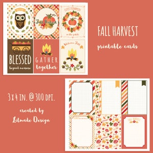 May include: Fall Harvest printable cards with autumn-themed designs. The cards feature illustrations of pumpkins, owls, campfires, and fall foliage. The cards measure 3 x 4 inches.