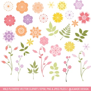 Floral vector clipart,hand drawn vector flowers, botanical clipart, wild flower clipart, rose leaves clipart, P156
