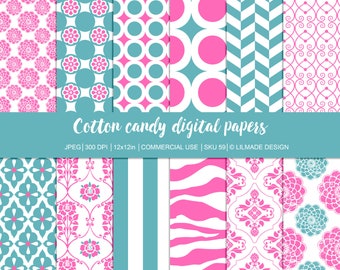 Cotton Candy Digital Paper Pack, Pink Turquoise Scrapbook Patterns (Commercial Use)