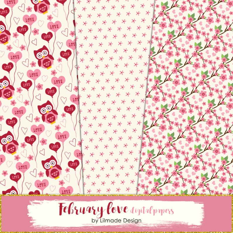 K&ouml;nnte beinhalten: Drei digitale Papierdesigns in Rosa und Wei&szlig;. Das erste Design zeigt rosa Eulen mit Herzen und dem Text "LOVE". Das zweite Design zeigt ein sich wiederholendes Muster aus rosa Blumen. Das dritte Design zeigt ein sich wiederholendes Muster aus rosa Blumen und Herzen.