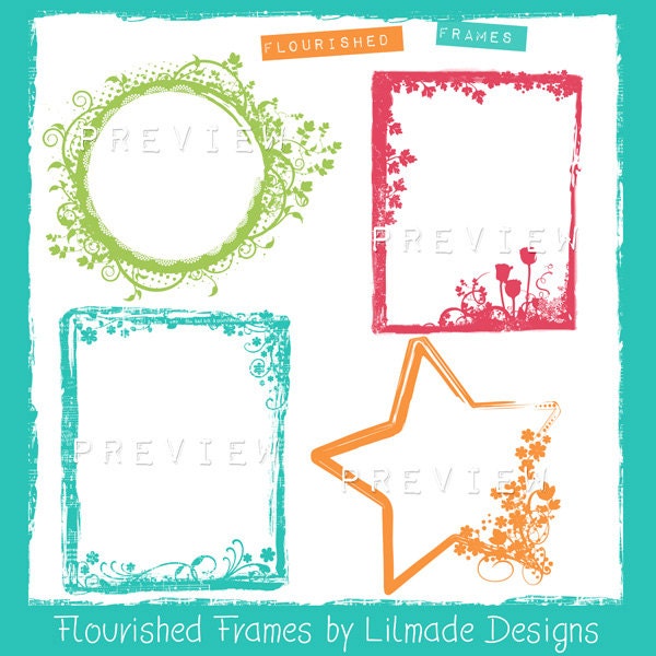 Floral frames clipart, floral photo frame, floral digital frame, Photoshop brushes, flourished frame clipart, star frame, altered art, P212