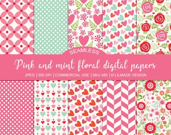 Seamless pink and mint floral and geometric digital scrapbook paper for commercial use, seamless patterns and backgrounds, spring, P485