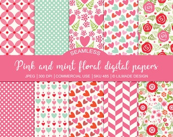 Pink and Mint Floral Geometric Scrapbook Paper, Seamless Spring Patterns (Digital)