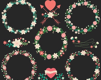 Floral Wreath Chalkboard Clipart Set, Boho Wedding Graphics (Digital Download)