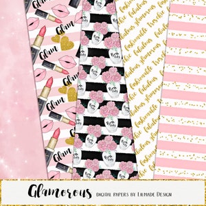 May include: Four digital paper designs featuring a pink and white striped background with gold glitter. The first design features a pink lipstick and the word "Glam" in gold lettering. The second design features a black and white striped background with a white vase filled with pink roses and the words "Boss Lady" in gold lettering. The third design features a white background with the words "Chic Fabulous Glamorous Fashionable Tres Chic" in gold lettering. The fourth design features a pink and white striped background with gold glitter.