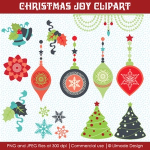 May include: A set of Christmas clip art featuring ornaments, snowflakes, holly, bells, and Christmas trees. The ornaments are red, green, and blue with white snowflake designs. The trees are green and black with red and white accents. The clip art is perfect for adding a festive touch to your holiday projects.