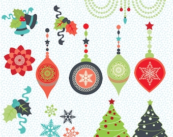 Set di clipart natalizie popolari, ornamenti, luci, alberi (PNG e JPEG)