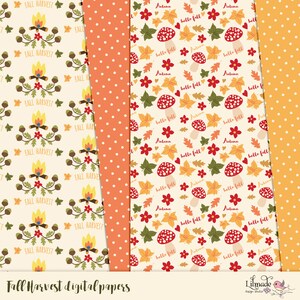 Puede incluir: Cuatro dise&ntilde;os de papel digital con temas oto&ntilde;ales. El primer dise&ntilde;o tiene un fondo beige claro con un patr&oacute;n repetitivo de una fogata, bellotas y el texto "Fall Harvest". El segundo dise&ntilde;o tiene un fondo naranja claro con lunares blancos. El tercer dise&ntilde;o tiene un fondo beige claro con un patr&oacute;n repetitivo de hongos, hojas, flores y el texto "hello fall" y "autumn". El cuarto dise&ntilde;o tiene un fondo amarillo claro con lunares naranjas.