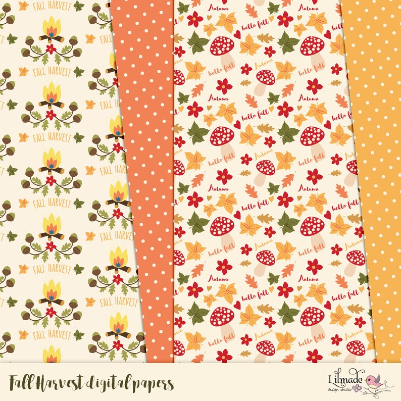 Puede incluir: Cuatro dise&ntilde;os de papel digital con temas oto&ntilde;ales. El primer dise&ntilde;o tiene un fondo beige claro con un patr&oacute;n repetitivo de una fogata, bellotas y el texto "Fall Harvest". El segundo dise&ntilde;o tiene un fondo naranja claro con lunares blancos. El tercer dise&ntilde;o tiene un fondo beige claro con un patr&oacute;n repetitivo de hongos, hojas, flores y el texto "hello fall" y "autumn". El cuarto dise&ntilde;o tiene un fondo amarillo claro con lunares naranjas.