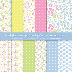 Puede incluir: Conjunto de 10 papeles digitales con ramos de flores y patrones de lunares en rosa, azul, verde y amarillo. Los papeles miden 30,5 cm x 30,5 cm y 300 DPI.