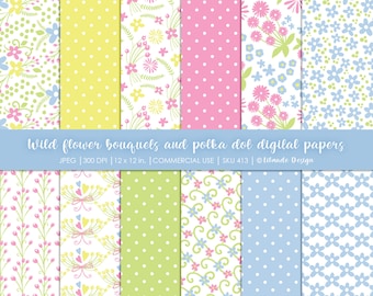 Wild flower bouquets and polka dot digital paper, floral digital paper, wild flower paper, spring patterns, spring digital paper, print P413