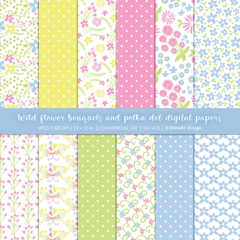 Puede incluir: Conjunto de 10 papeles digitales con ramos de flores y patrones de lunares en rosa, azul, verde y amarillo. Los papeles miden 30,5 cm x 30,5 cm y 300 DPI.