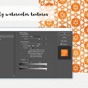 May include: A screenshot of a Photoshop layer style window with the blending options set to "Multiply" and the opacity set to 100%. The preview shows a watercolor texture with orange and yellow hues.