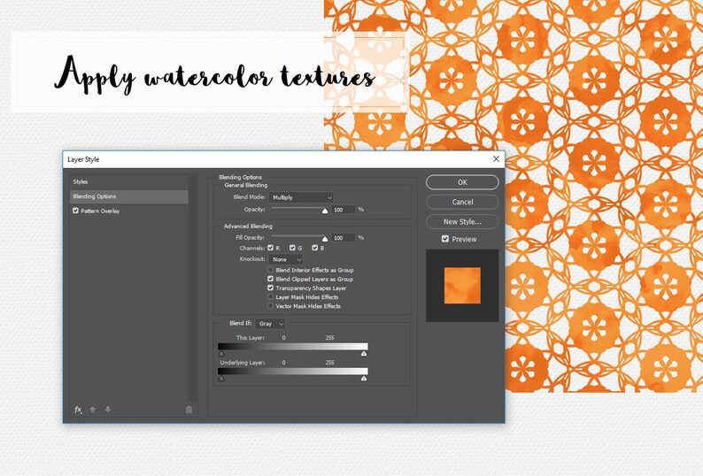 May include: A screenshot of a Photoshop layer style window with the blending options set to "Multiply" and the opacity set to 100%. The preview shows a watercolor texture with orange and yellow hues.