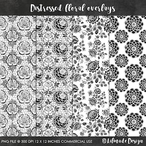 May include: Three digital paper designs featuring black and white distressed floral patterns. Each design is 12 inches by 12 inches and 300 DPI.