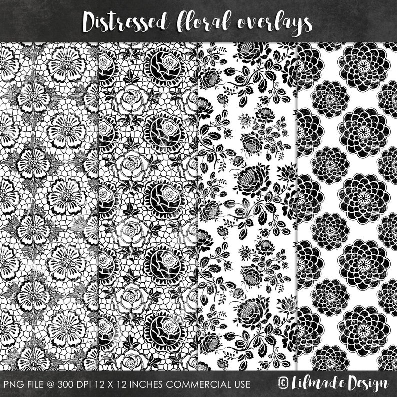 May include: Three digital paper designs featuring black and white distressed floral patterns. Each design is 12 inches by 12 inches and 300 DPI.