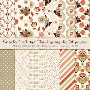 Seamless folk fall digital paper, Thanksgiving paper, fall harvest paper, folk Thanksgiving turkey, seamless patterns, commercial use P492