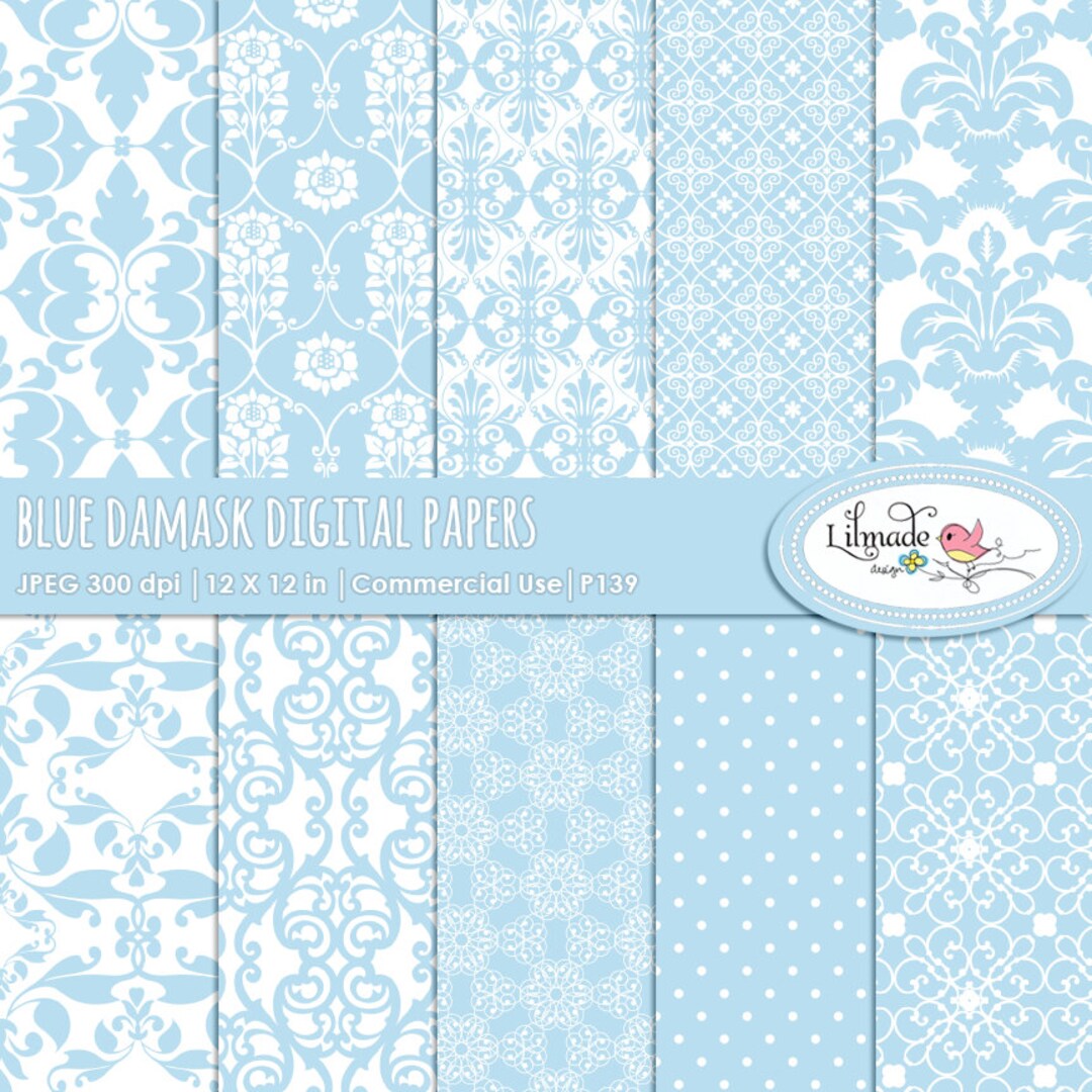 Damask Digital Papers, Baby Blue Damask, Damask Scrapbook Papers