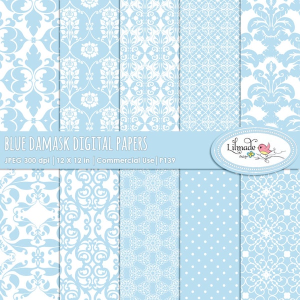 Damask digital papers, baby blue damask, damask scrapbook papers, vintage digital paper, vintage damask, P139