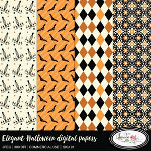May include: Three digital paper patterns for Halloween. The first pattern features a white background with black chandeliers and gold stars. The second pattern features an orange background with black bats. The third pattern features a white background with black and orange diamond shapes.
