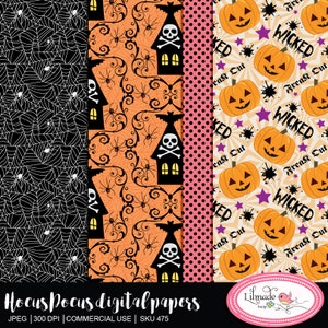 May include: A set of four digital papers featuring Halloween themes. The first paper has a black background with white spiderwebs and spiders. The second paper has an orange background with black swirls, spiders, and houses with skulls and crossbones. The third paper has a pink background with black polka dots. The fourth paper has a cream background with orange pumpkins, purple stars, and the words "Wicked" and "Freak Out".