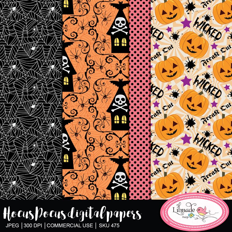 May include: A set of four digital papers featuring Halloween themes. The first paper has a black background with white spiderwebs and spiders. The second paper has an orange background with black swirls, spiders, and houses with skulls and crossbones. The third paper has a pink background with black polka dots. The fourth paper has a cream background with orange pumpkins, purple stars, and the words "Wicked" and "Freak Out".