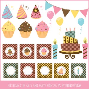 Birthday clipart, cake clipart, cupcake clipart, balloon clipart, candle clipart, party hat clipart, cupcake toppers, P72