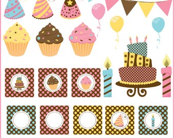 Birthday Party Clipart Set, Cake, Balloons, Cupcake Toppers (png, jpeg, eps, pdf)