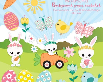 Easter vector cliparts, Easter bunny, Easter egg, spring landscape background, cute Easter bunny clipart, spring clipart, spring bunny, P467