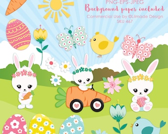 Clipart vettoriali pasquali, coniglietto pasquale, uovo di Pasqua, sfondo del paesaggio primaverile, graziosa clipart coniglio di Pasqua, clipart primaverile, coniglio primaverile, P467