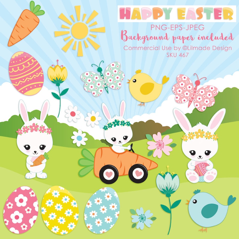 May include: A colorful Easter-themed digital illustration with bunnies, eggs, butterflies, and chicks. The image includes the text "HAPPY EASTER" and "Background paper included". The bunnies are wearing flower crowns and holding carrots and Easter eggs.