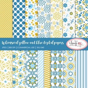 Papel digital caprichoso en azul y amarillo con pájaros, flores, libélula y patrones geométricos. Ideal para el anuncio del bebé, DP40