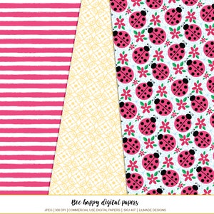 Puede incluir: Tres dise&ntilde;os de papel digital: rayas horizontales rosas, un patr&oacute;n amarillo adornado y un patr&oacute;n de mariquitas con mariquitas rosas y flores sobre un fondo azul claro. El texto "Bee happy digital papers" est&aacute; en la parte inferior.